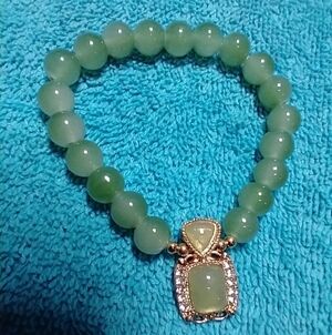 Green faux jade goldtone crystal stretch bracelet